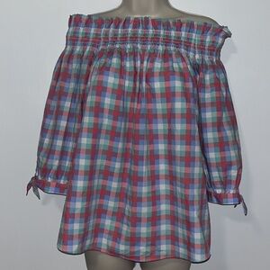 Kate Spade Madras Off Shoulder Top Blouse 3/4 Sleeve Pink Blue Gingham XXS